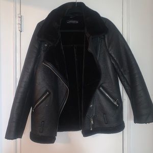 Zara Black Shearling Lined Moto Coat
